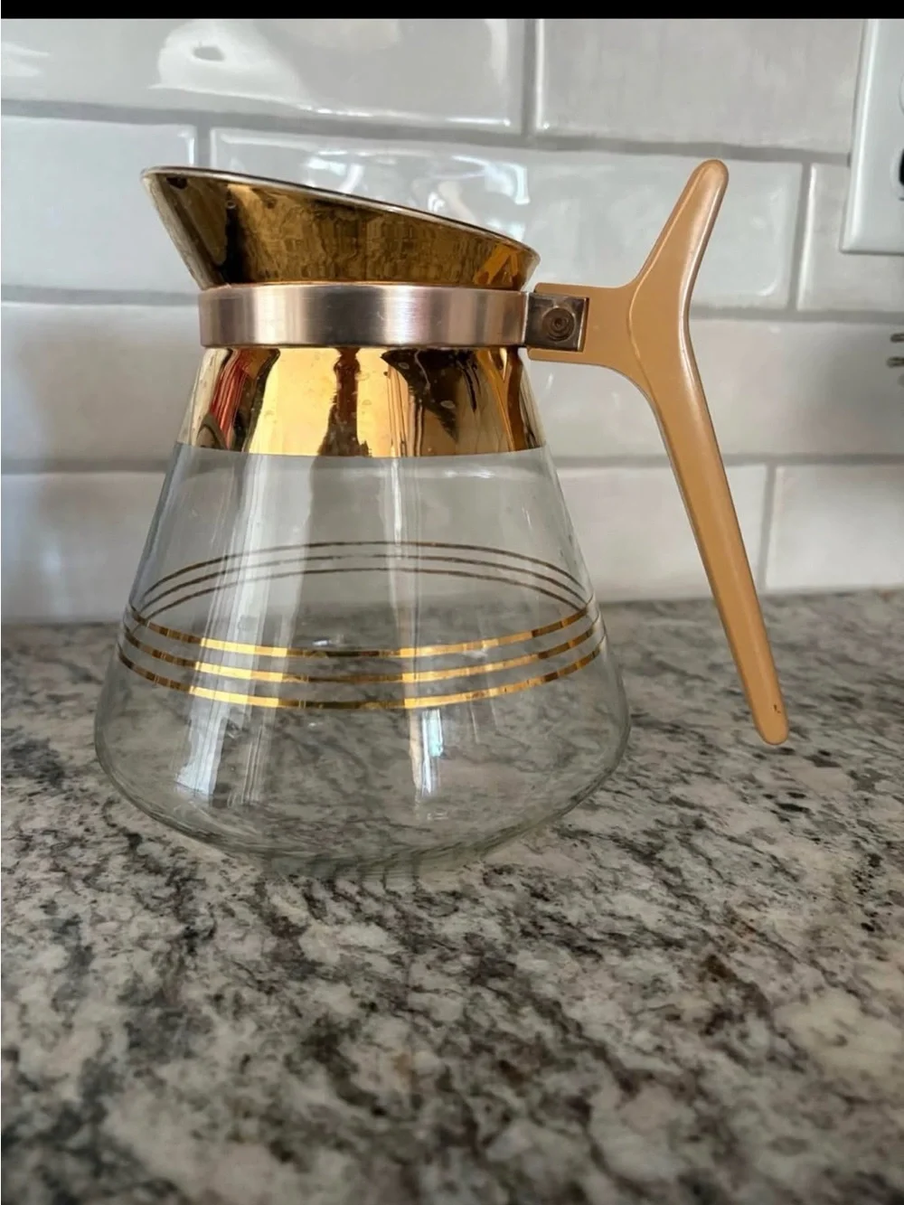 Gold-Trim Glass Coffee Carafe with Beige Handle Retro